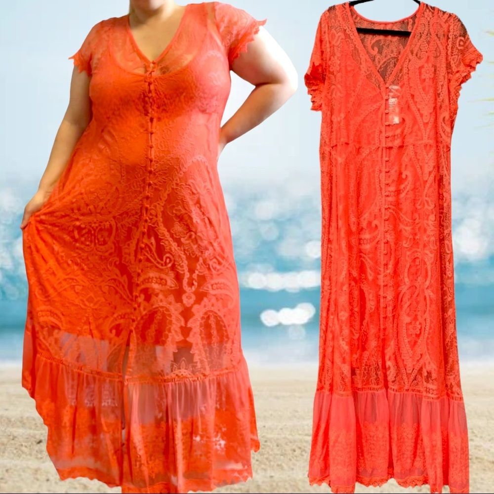 Torrid Lace Coral Button Front Skater Maxi Dress Sizes: 1XL 2XL  3XL NWT - Picture 4 of 16